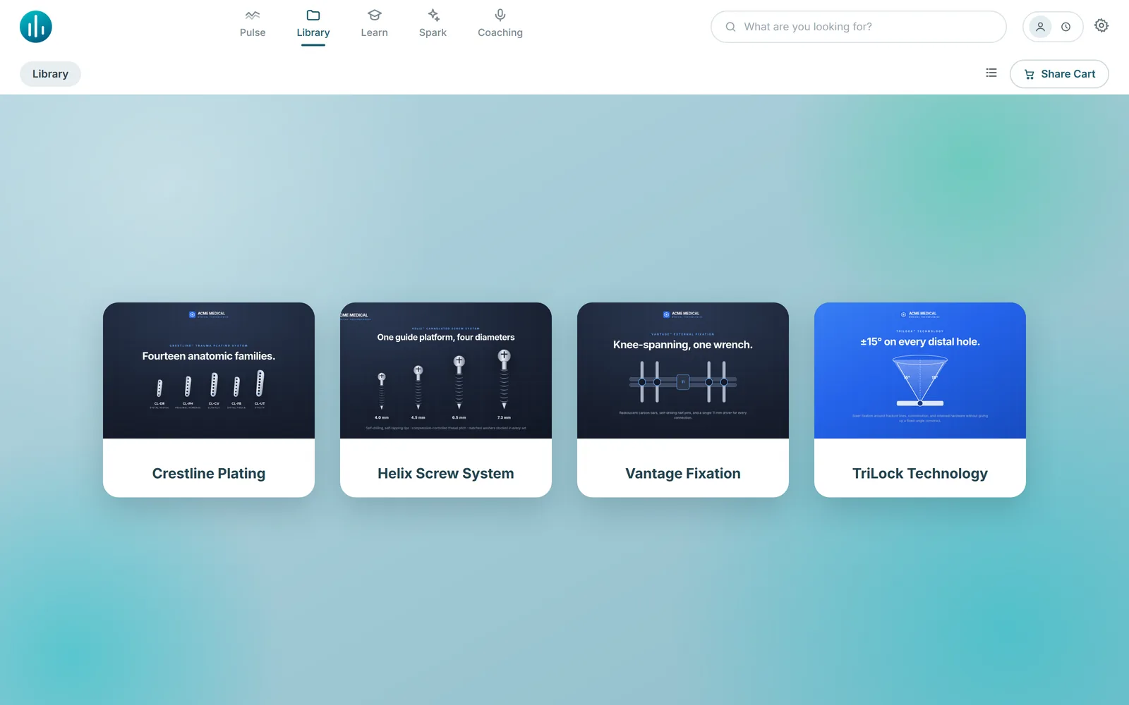 SoloFire Grid layout showing large product line tiles with hero images for a medical device sales team