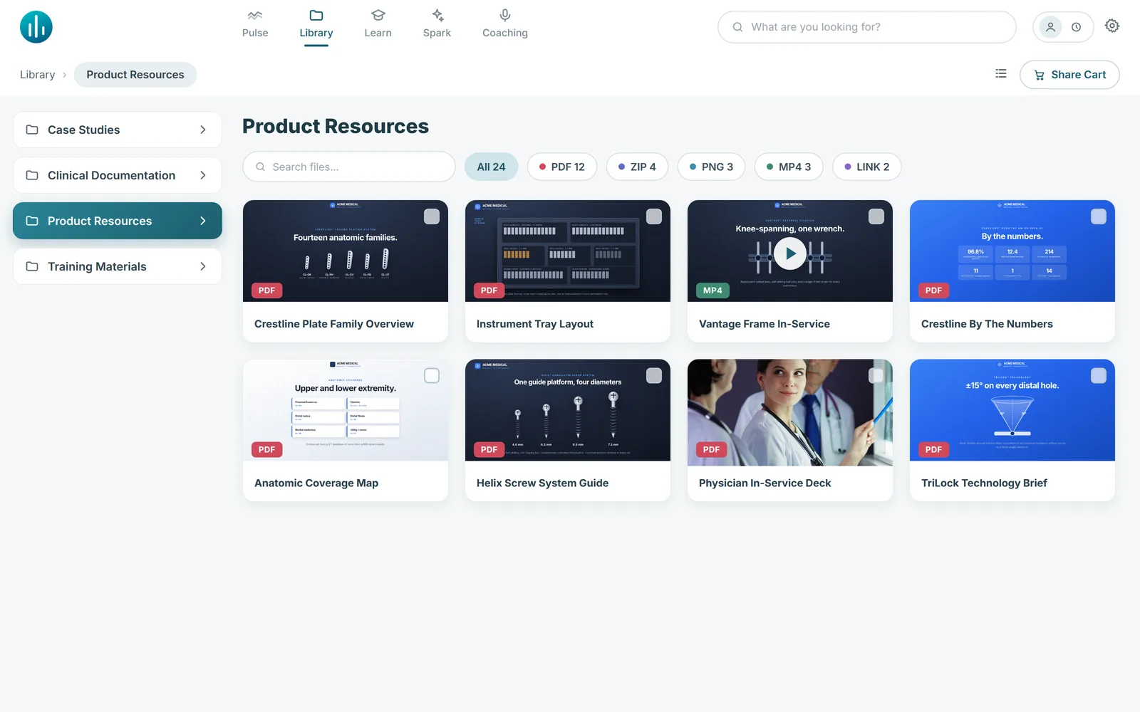 SoloFire Standard layout showing a folder tree and medical device content thumbnails including sell sheets and clinical documents
