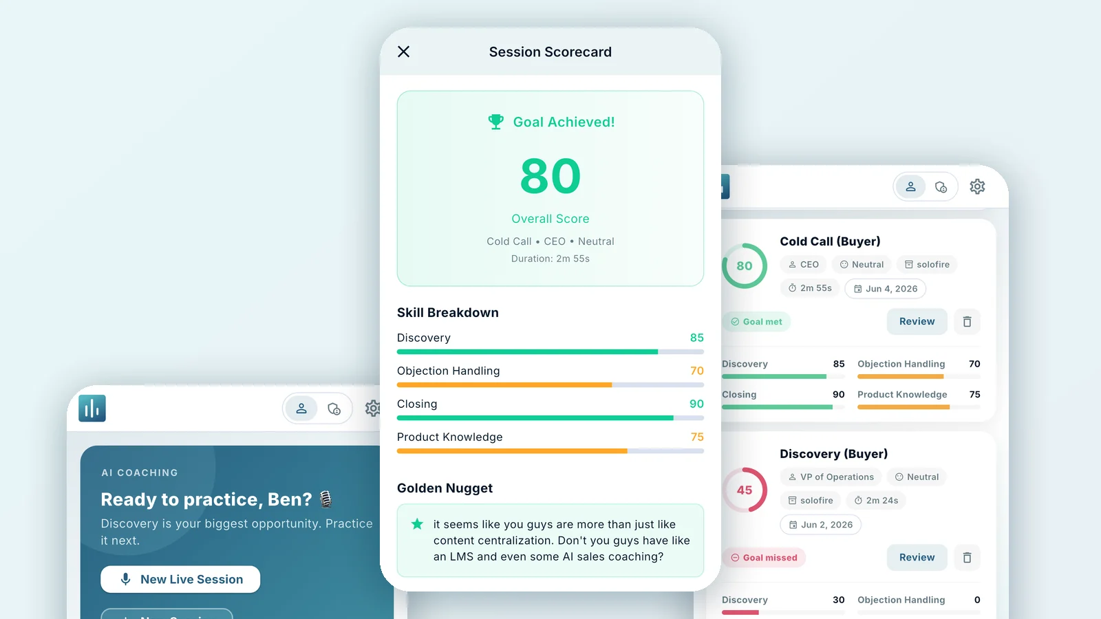 SoloFire AI Coaching on mobile: a session scorecard with an overall score of 80 and a skill breakdown, beside the coaching home screen and session history