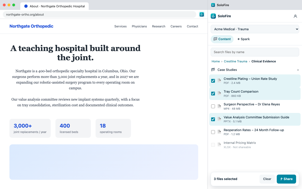 SoloFire for Chrome side panel open next to a hospital website, with files selected to share as a tracked Space