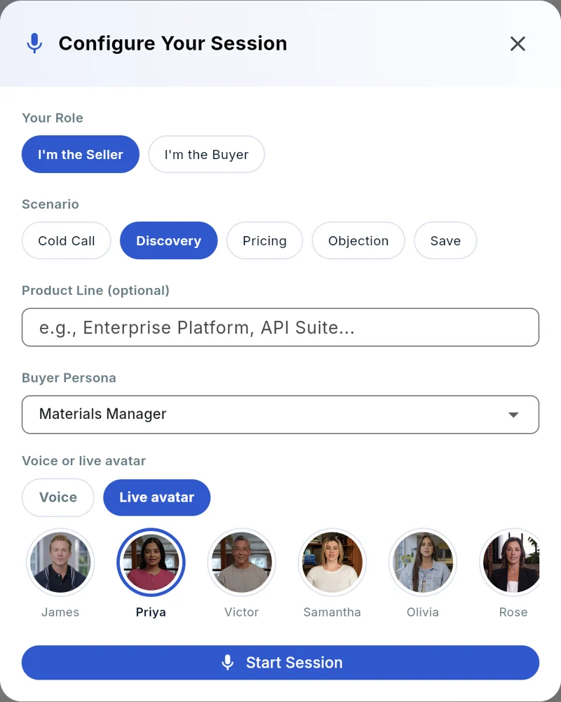 Configuring a SoloFire role-play session: role, scenario, buyer persona, and the Voice or Live avatar choice with avatar faces