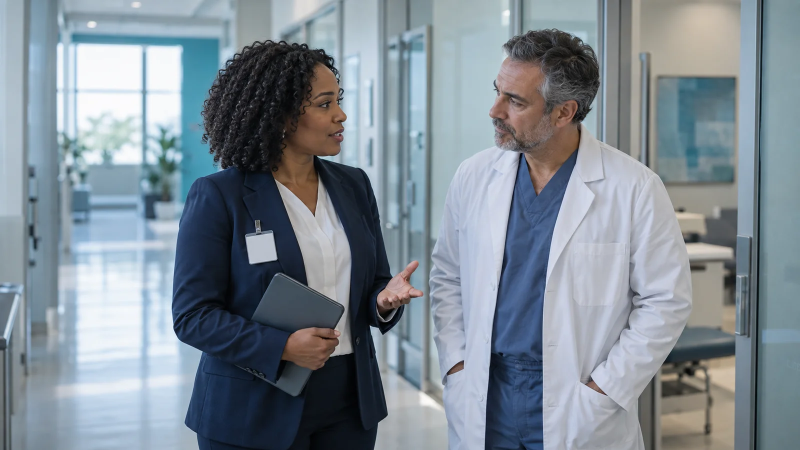 Medical device sales representative discussing a product with a doctor in a hospital corridor