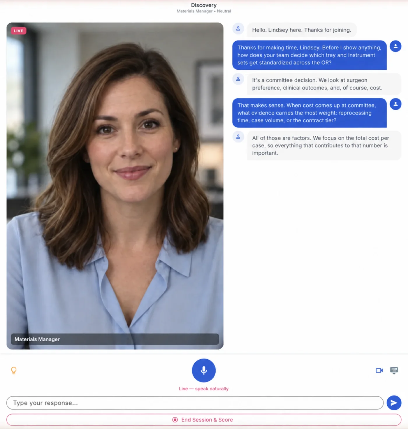 SoloFire role-play interface with a woman buyer avatar and live conversation transcript