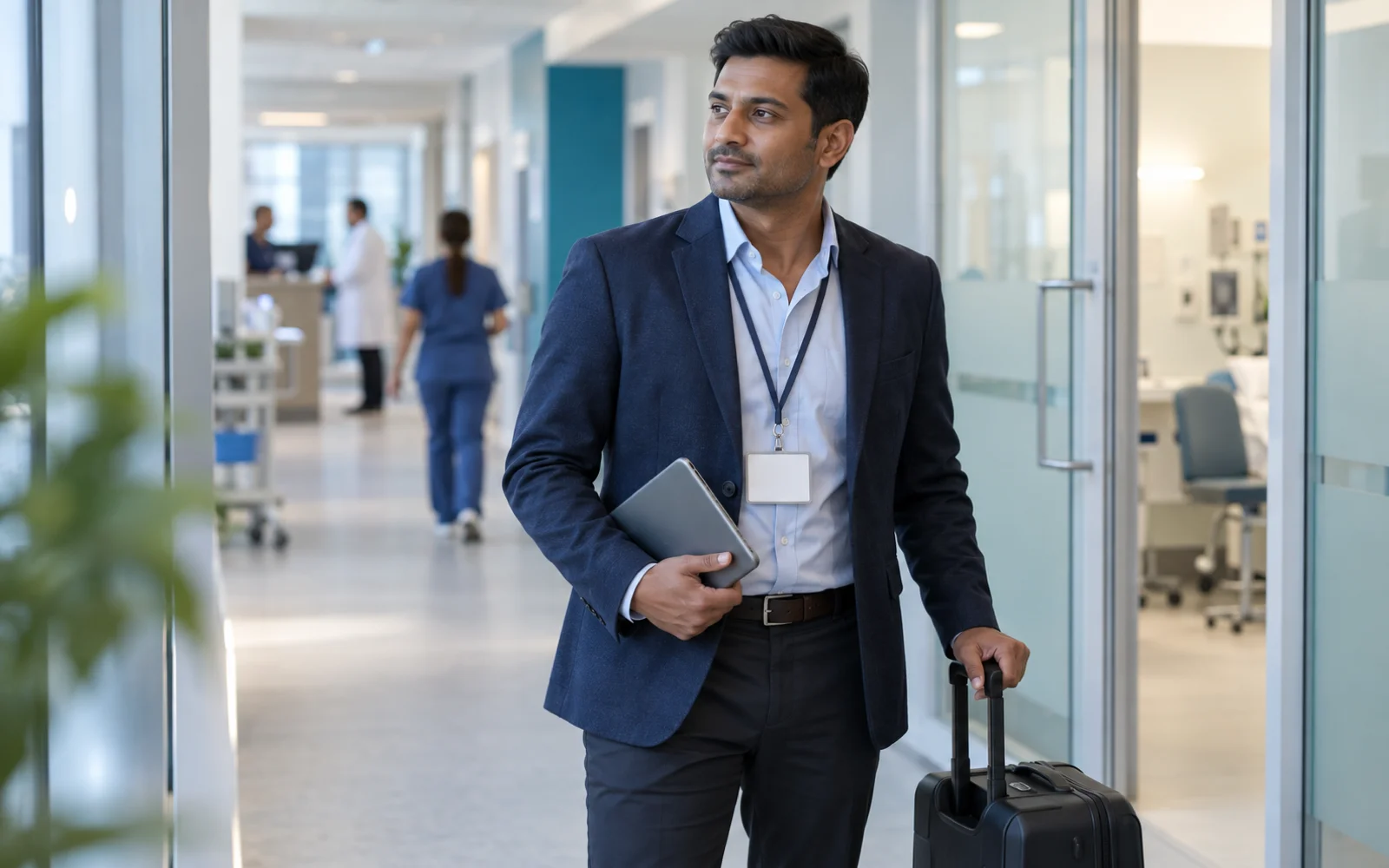 Medical device sales representative with a tablet and rolling sample case in a hospital corridor