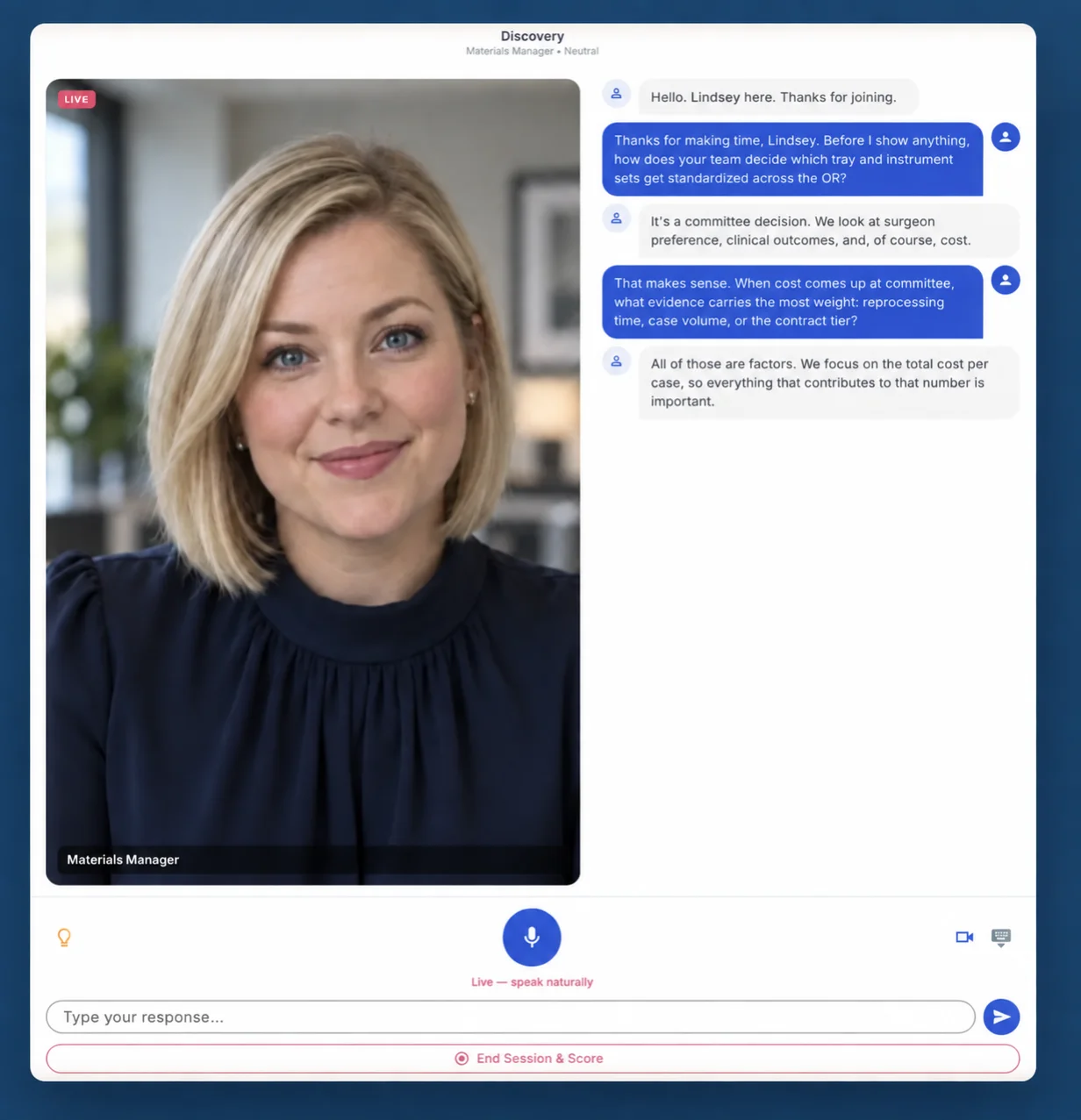 SoloFire live avatar role-play interface with a blonde woman buyer and a discovery conversation transcript