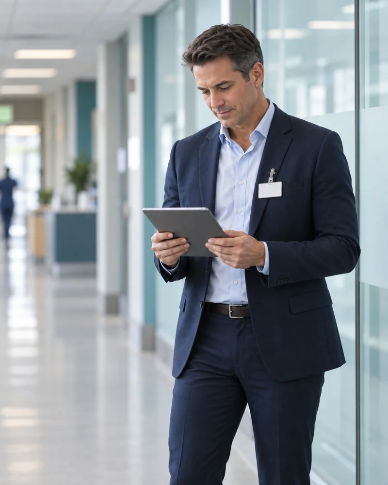 Medical device sales rep in a hospital corridor reviewing content on a tablet