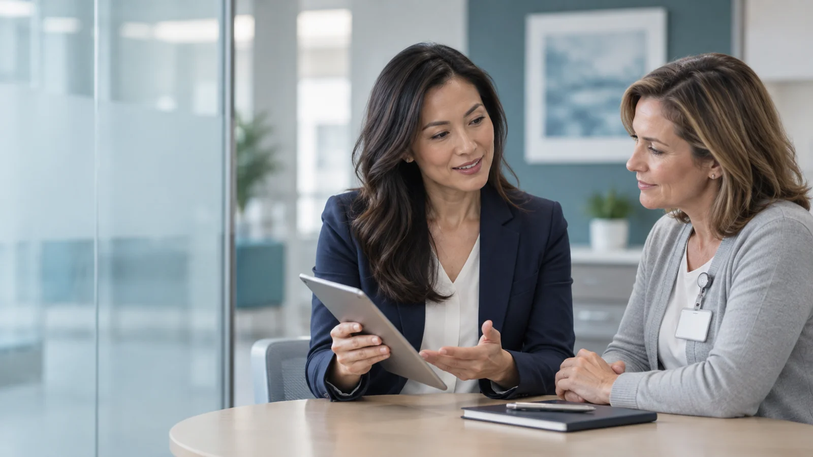 Medical device sales rep sharing content on a tablet with a hospital customer