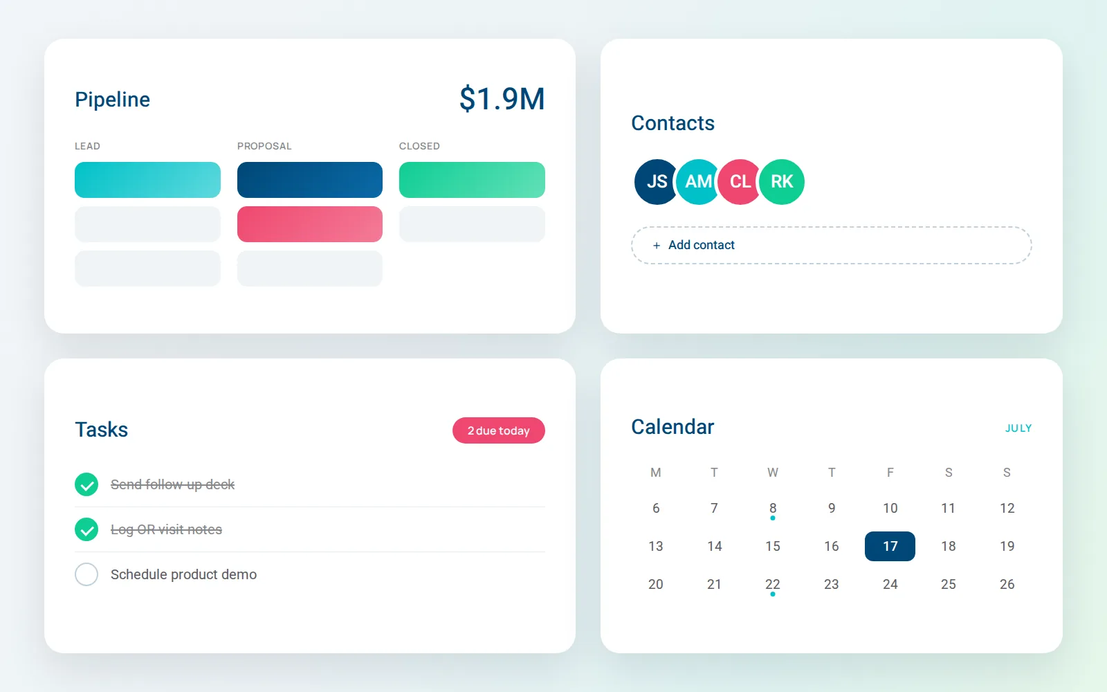 SoloFire CRM with pipeline, contacts, tasks, and calendar