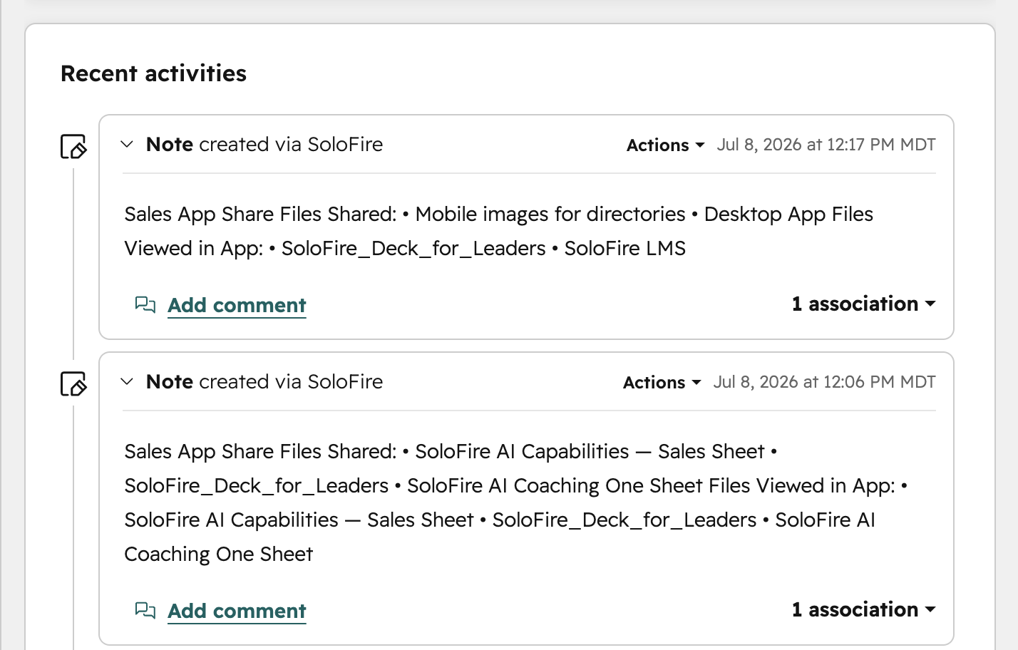 HubSpot contact activity feed showing Notes auto-created by SoloFire, each listing the files shared and viewed