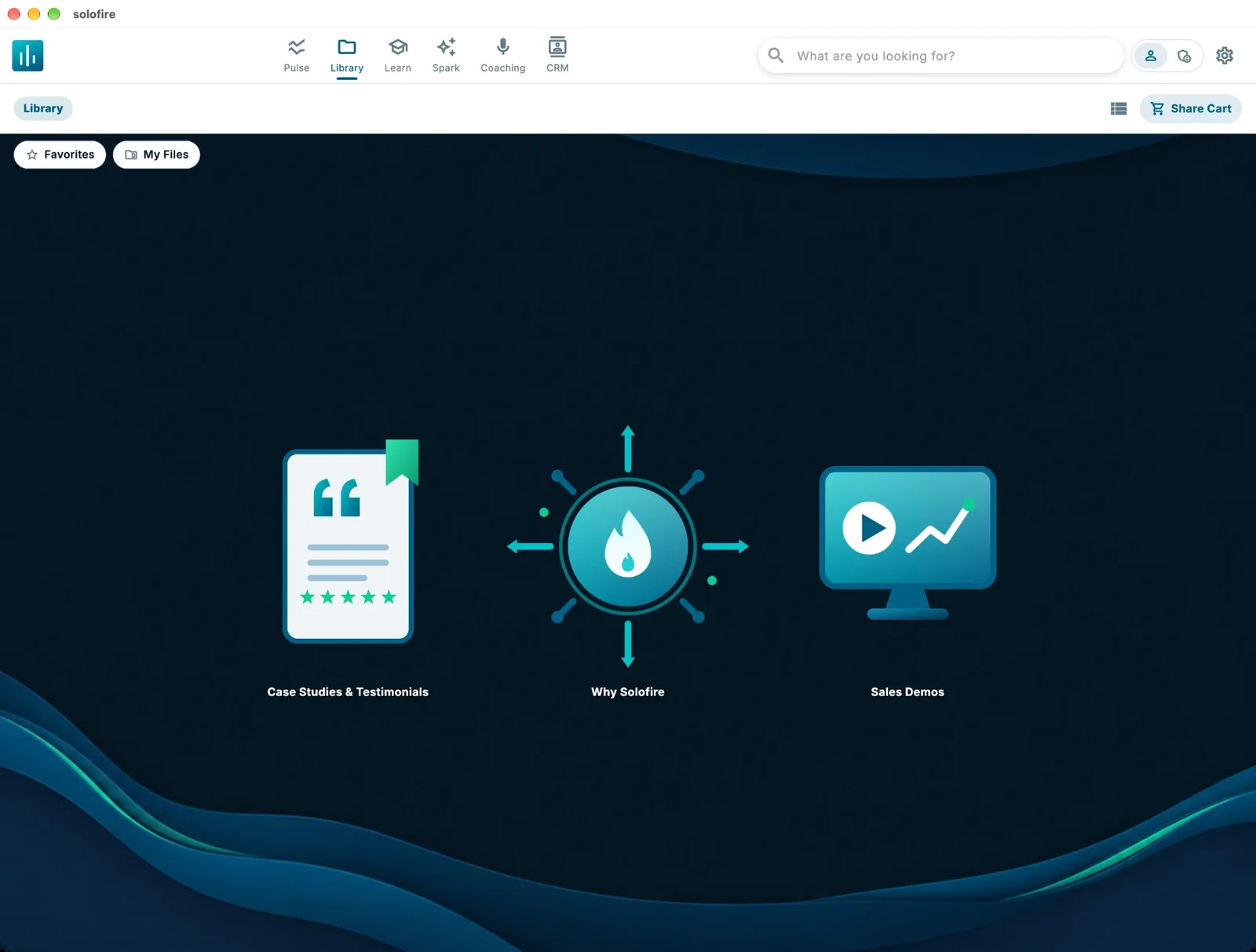 SoloFire content library organized by product line for an animal health sales team