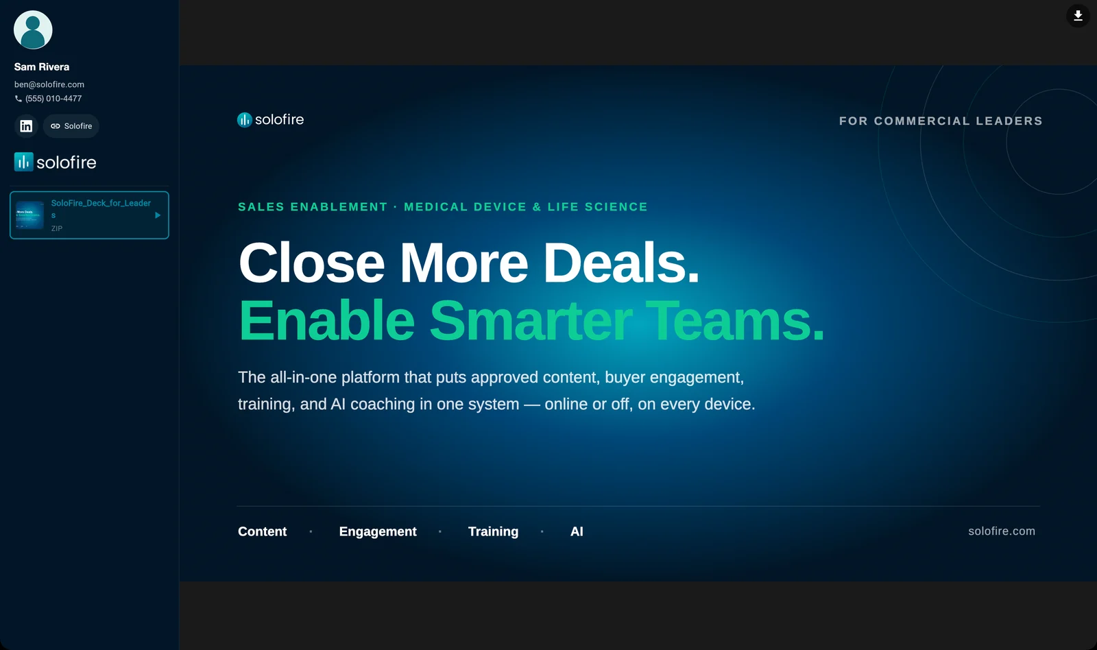 SoloFire branded Space digital sales room with engagement tracking