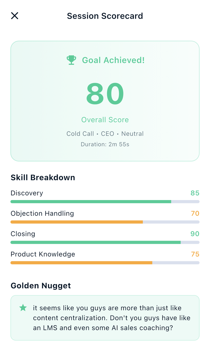 SoloFire Session Scorecard on mobile — a scored practice call