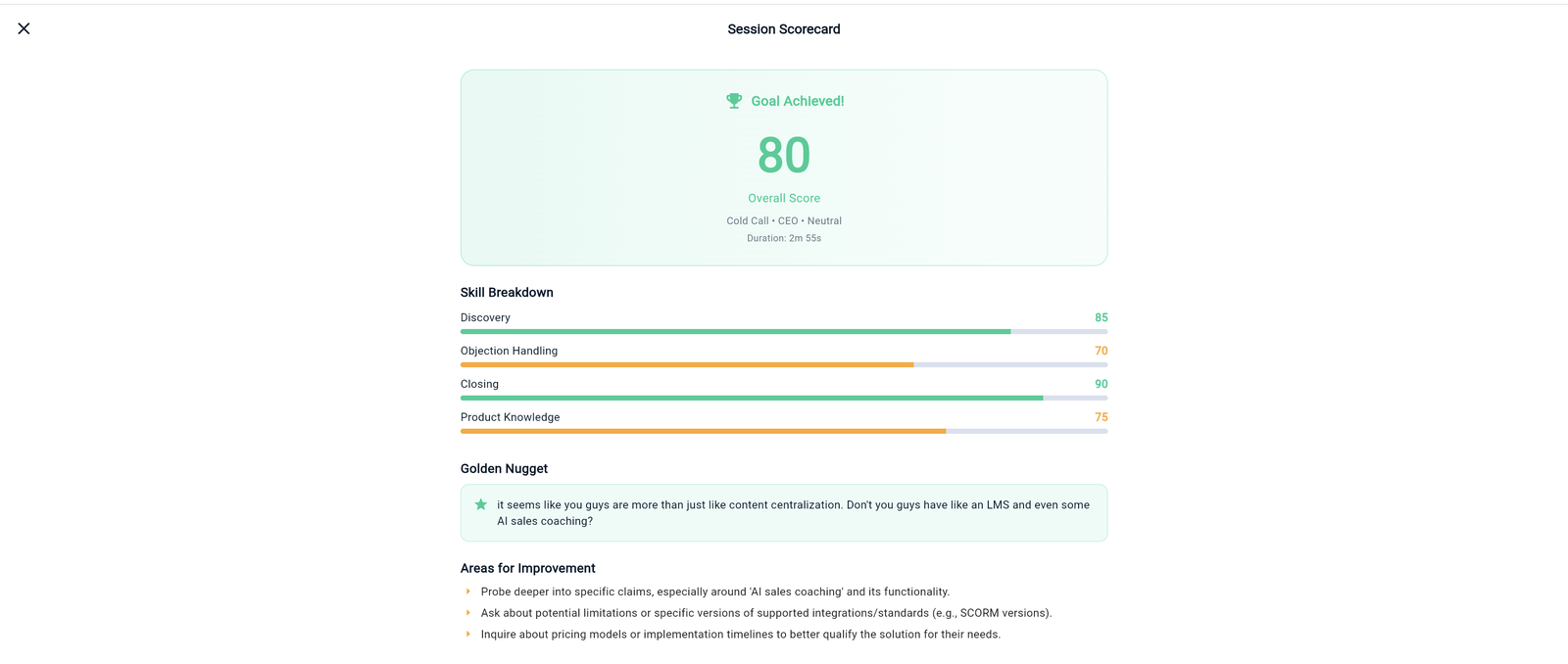 AI coaching score and feedback view