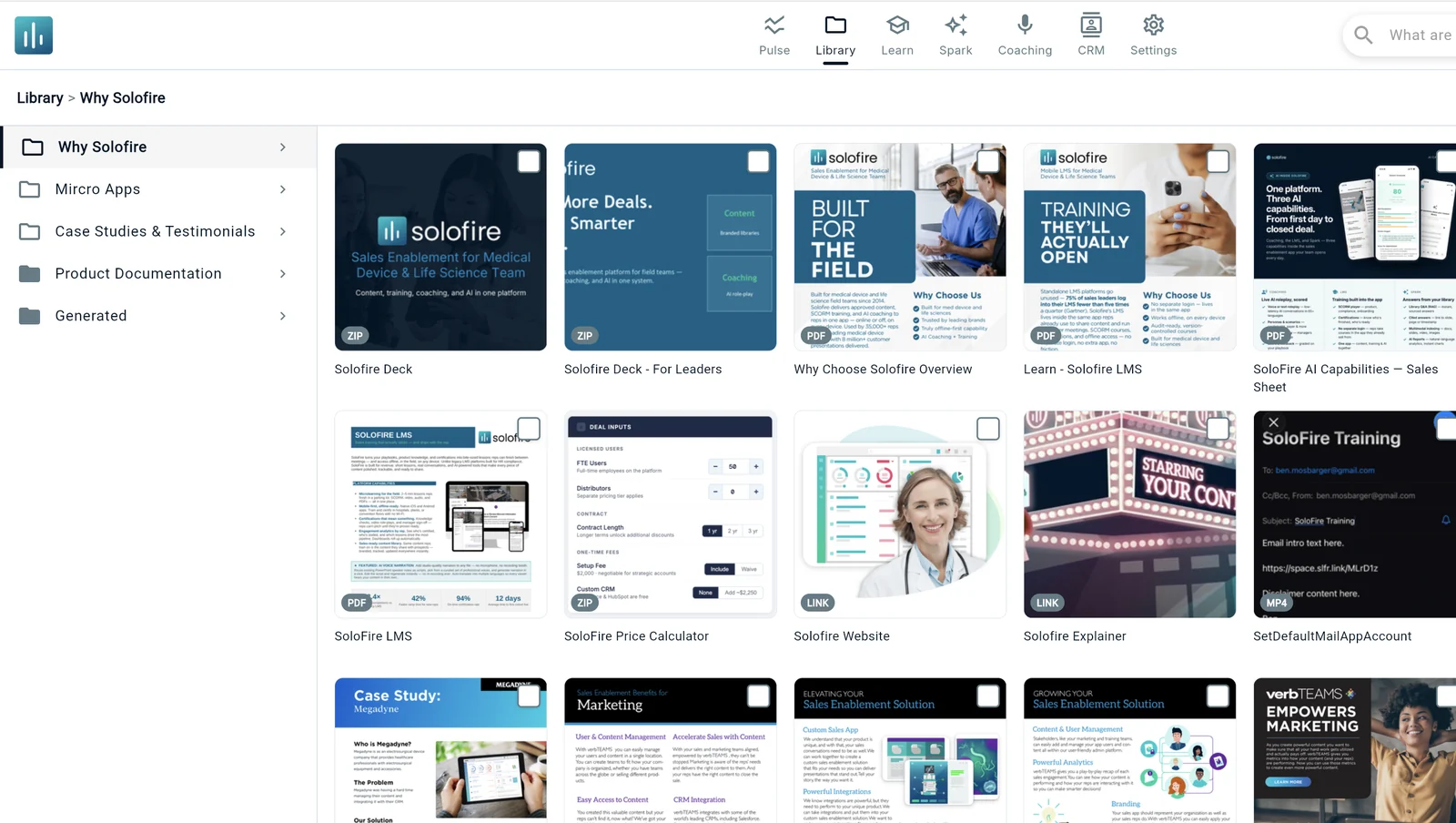 SoloFire sales content management library with folders and configurations
