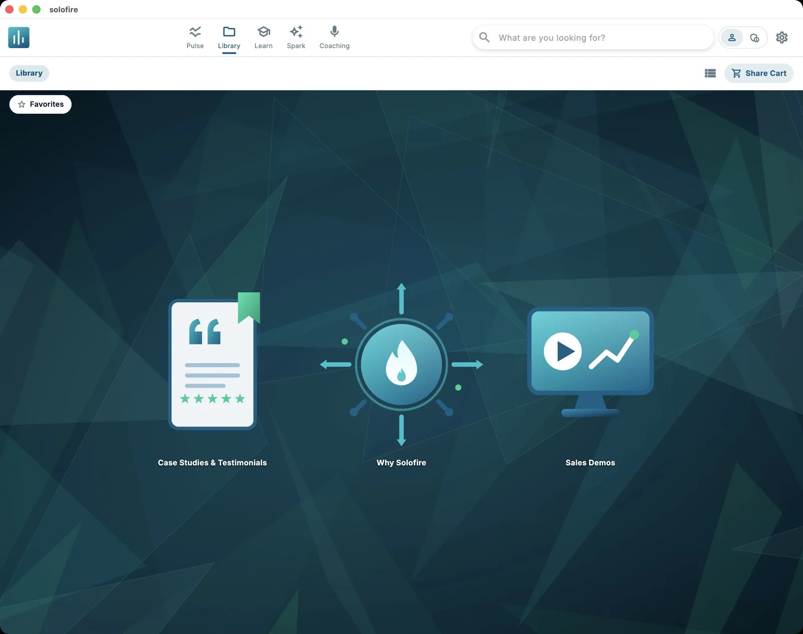 SoloFire library in grid view: Case Studies & Testimonials, Why SoloFire, and Sales Demos folders with Pulse, Library, Learn, Spark, and Coaching in the top navigation
