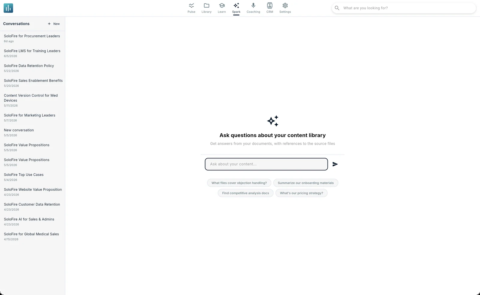 Spark AI answering a rep's question with cited sources
