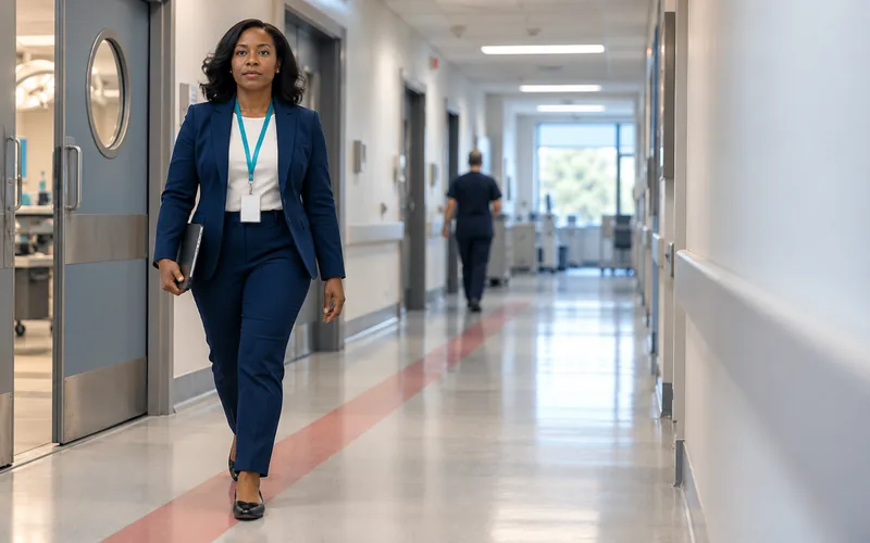 A medical device sales rep walking a hospital corridor past the operating room doors with a tablet in hand