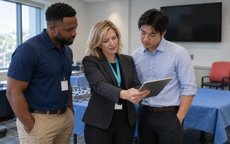 Three medical device reps in a hospital training room reviewing content on a tablet together