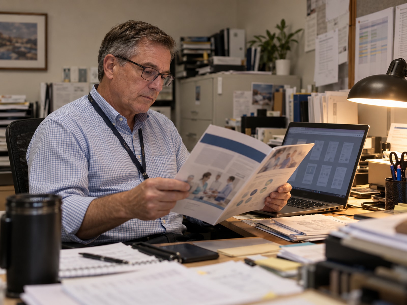 A hospital purchasing professional reviews a printed clinical brochure beside an open laptop at a cluttered desk.