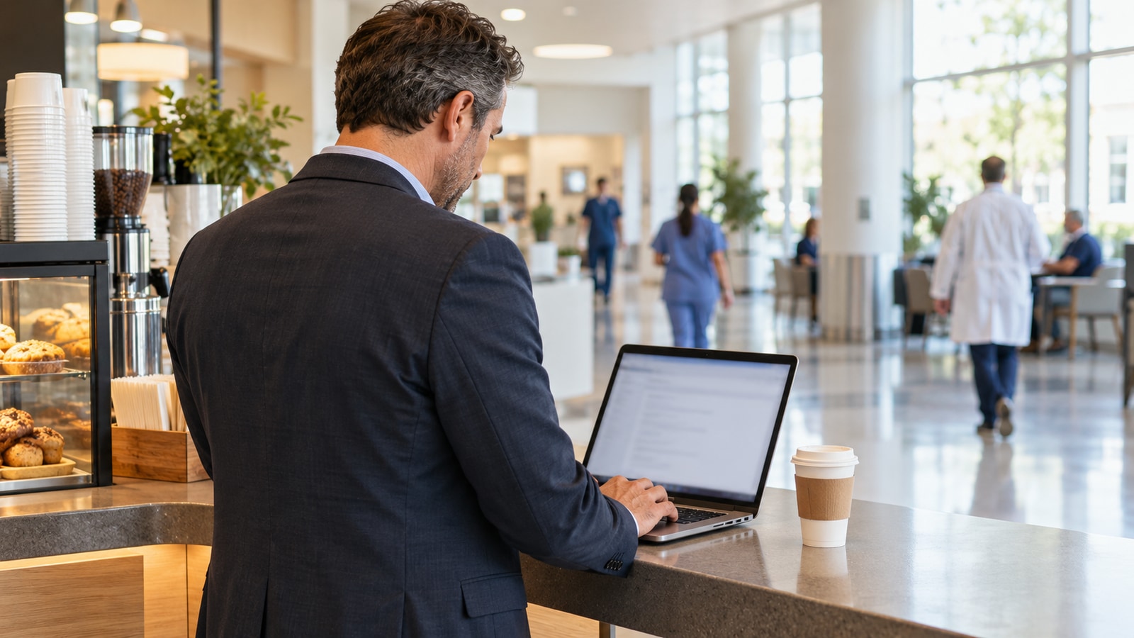 A field sales representative writes an email on a laptop at a hospital coffee counter.