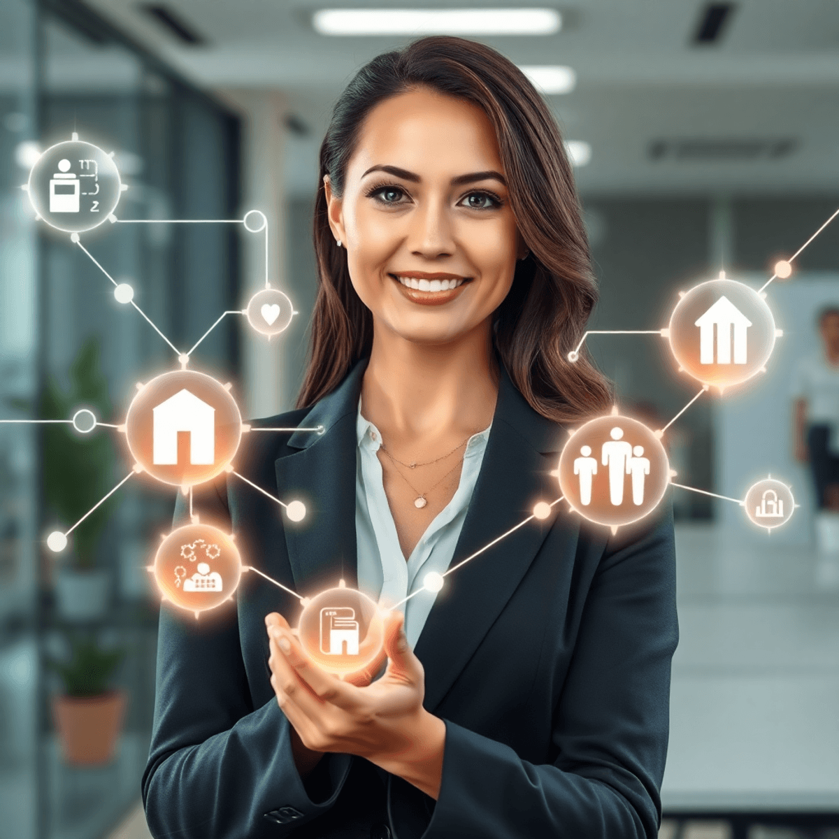 Businesswoman presenting a futuristic digital interface with glowing icons, arrows, and network lines in a modern office setting.