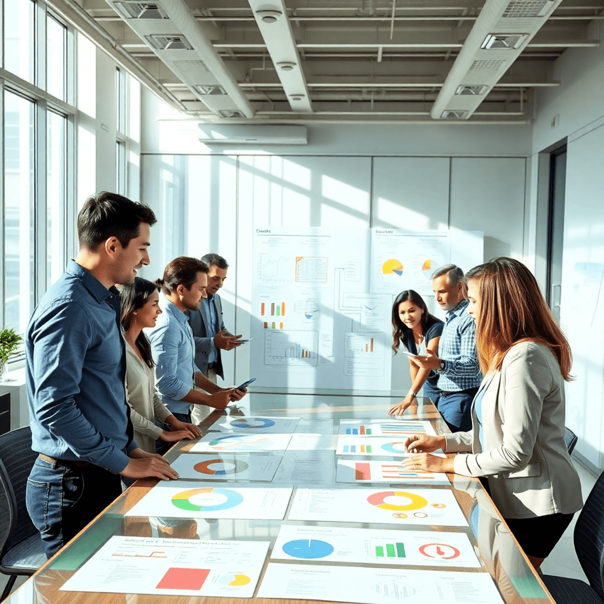 Sales team collaborating around a table with colorful charts on glass boards, illuminated by bright natural light, symbolizing teamwork and clear c...