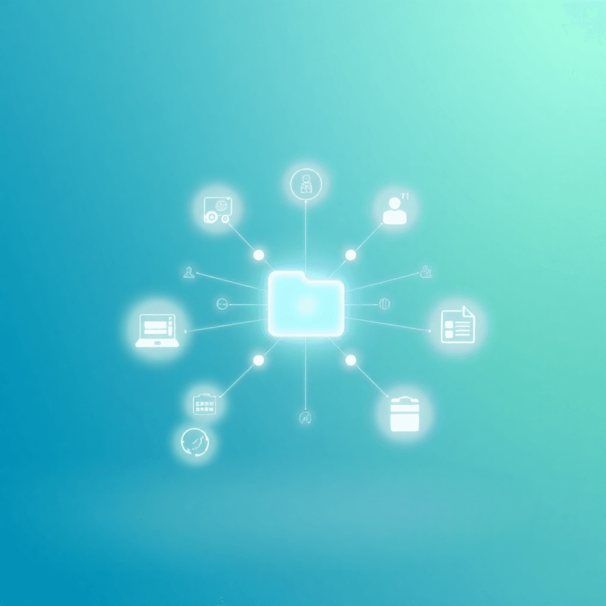 A sleek digital workspace with glowing interconnected nodes and icons of medical devices and sales materials on a soft blue-green background.