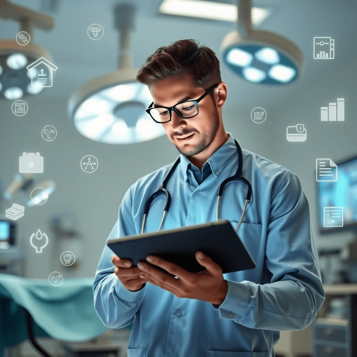 Medical sales rep using a tablet in an operating room